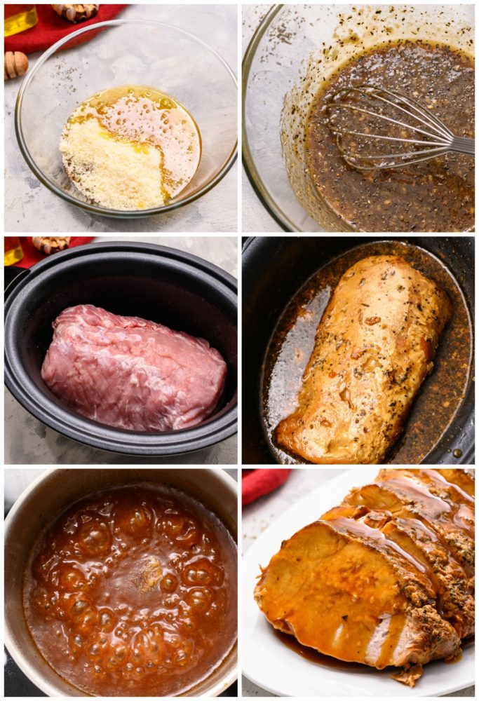 The process of parents pork roast starting with mixing the marinate, whisking it in a glass bowl, placing in a slow cooker and adding the sauce atop the pork then slow cooking it. After boiling the sauce to thicken it then placing it on top of the cooked pork roast. 