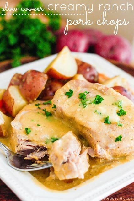 Slow Cooker Creamy Ranch Pork Chops with Potatoes on a white plate