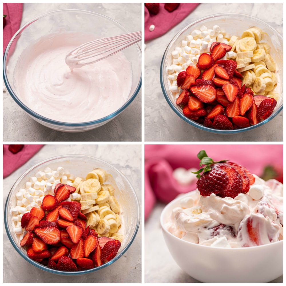 Strawberry Cheesecake Salad is a sweet and creamy dessert with fresh strawberries hidden throughout. This is the biggest hit at any potluck and SO easy to make! The process of making strawberry fruit salad in four photos.