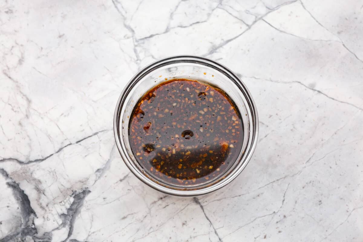 Overhead shot of marinade ingredients mixed together in a bowl