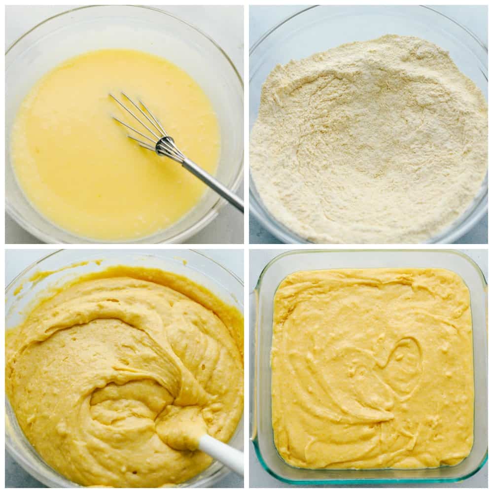 4 pictures showing how to mix the cornbread batter. 