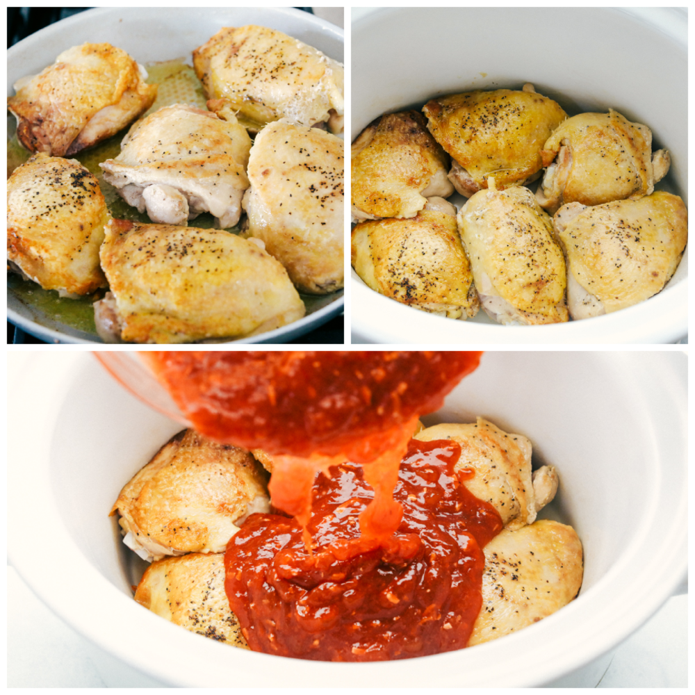 3-photo collage of chicken thighs being added to a slow cooker and covered with sauce.