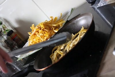 A side view of tortilla strips. 