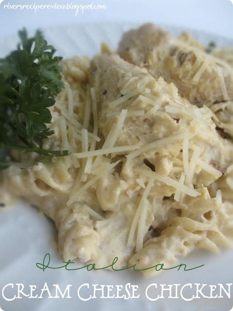 Italian Cream Cheese Chicken with pasta and garnish.
