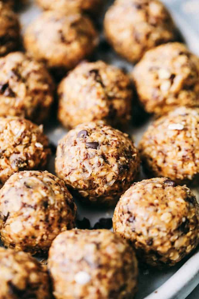 Close up on rows of No Bake Energy Bites.