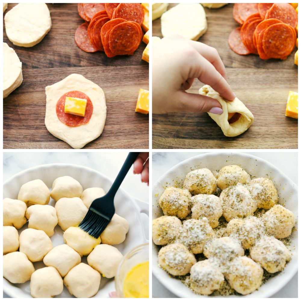 Making pizza bites in a pillsbury dough with a pepperoni and square of cheese then folded into a ball and placed in a baking skillet and brushed with egg wash over top with seasonings. 