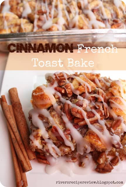 Cinnamon French toast bake with cinnamon sticks on the side. 
