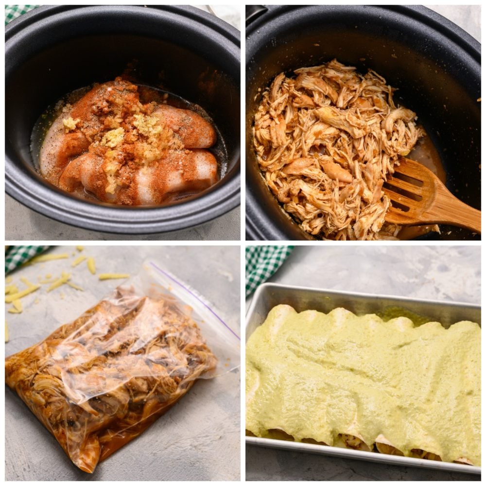 The process of making honey lime chicken enchiladas in a slow cooker. 