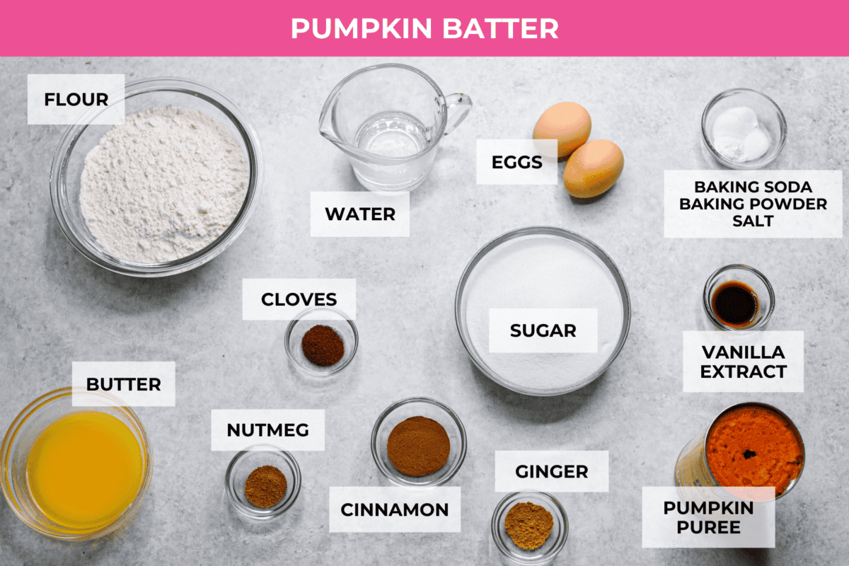 Overhead shot of labeled ingredients for pumpkin batter. 