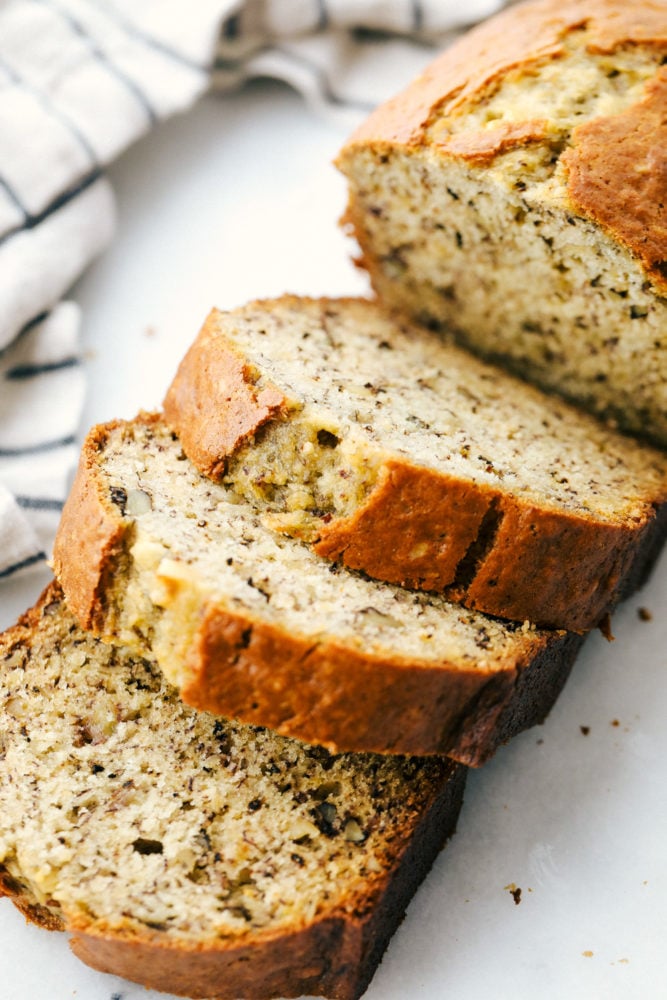 Top-down view of banana bread cut into slices.