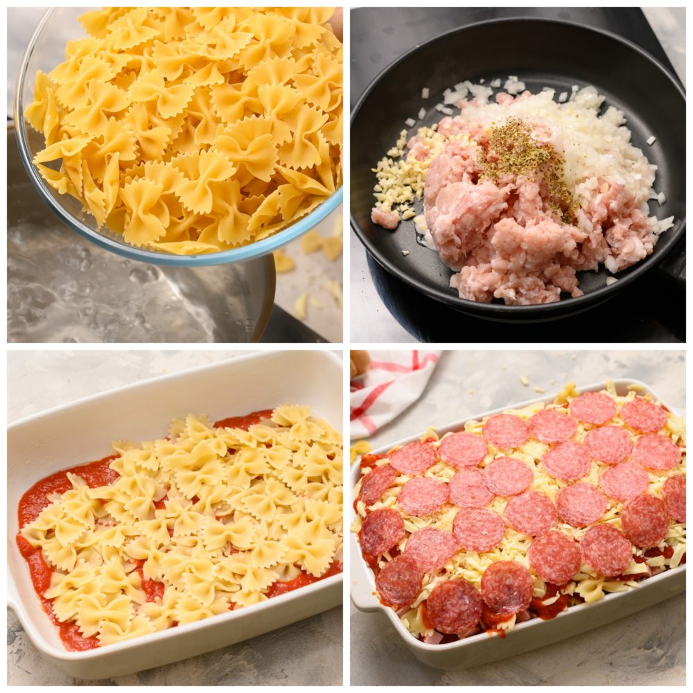 The process of making cheesy pizza casserole in four photo steps. The first photo cooking the bowtie pasta, then cooking the ground meat with seasonings then layering the ingredients into the pan.