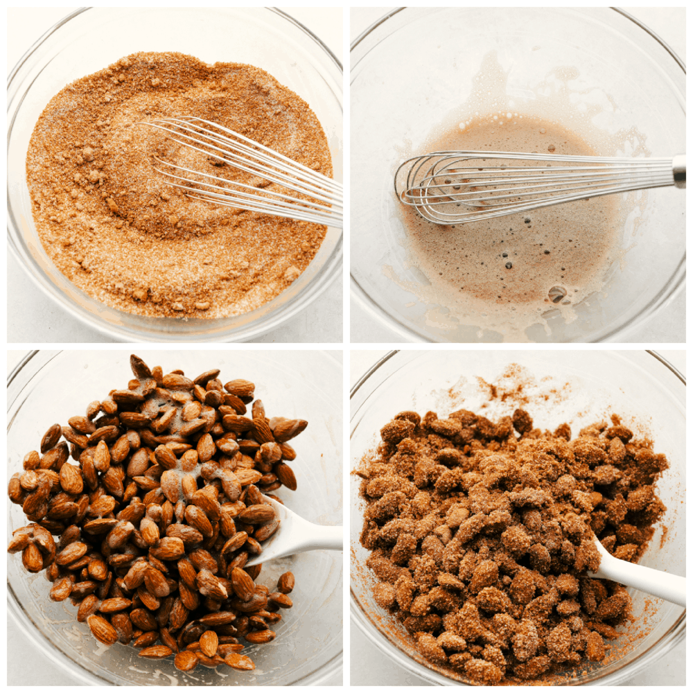 The process of mixing the cinnamon sugar, egg whites, and almonds for a sweet treat.