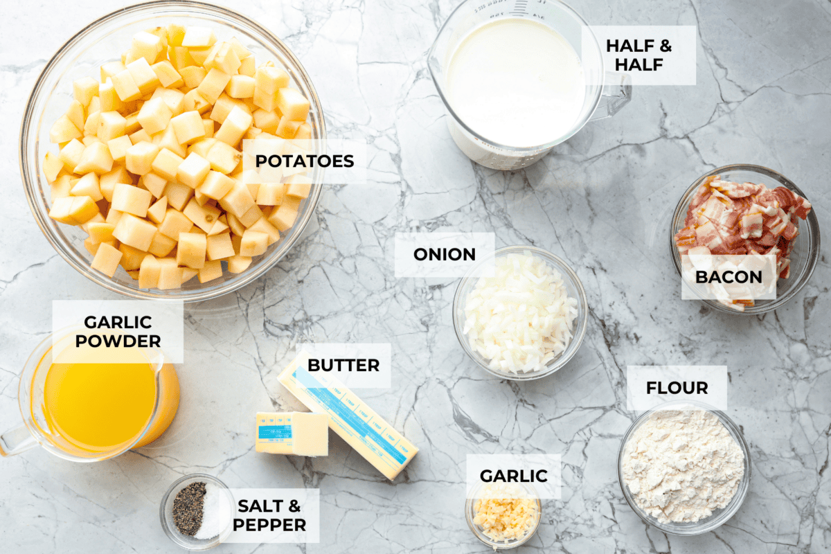 Overhead shot of labeled ingredients. 