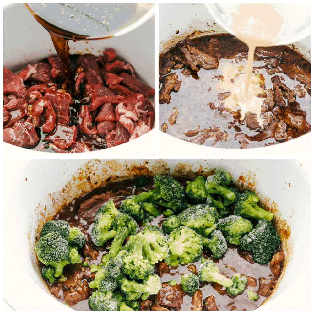 Adding the sauces to the beef n the slow cooker and then adding the broccoli. 