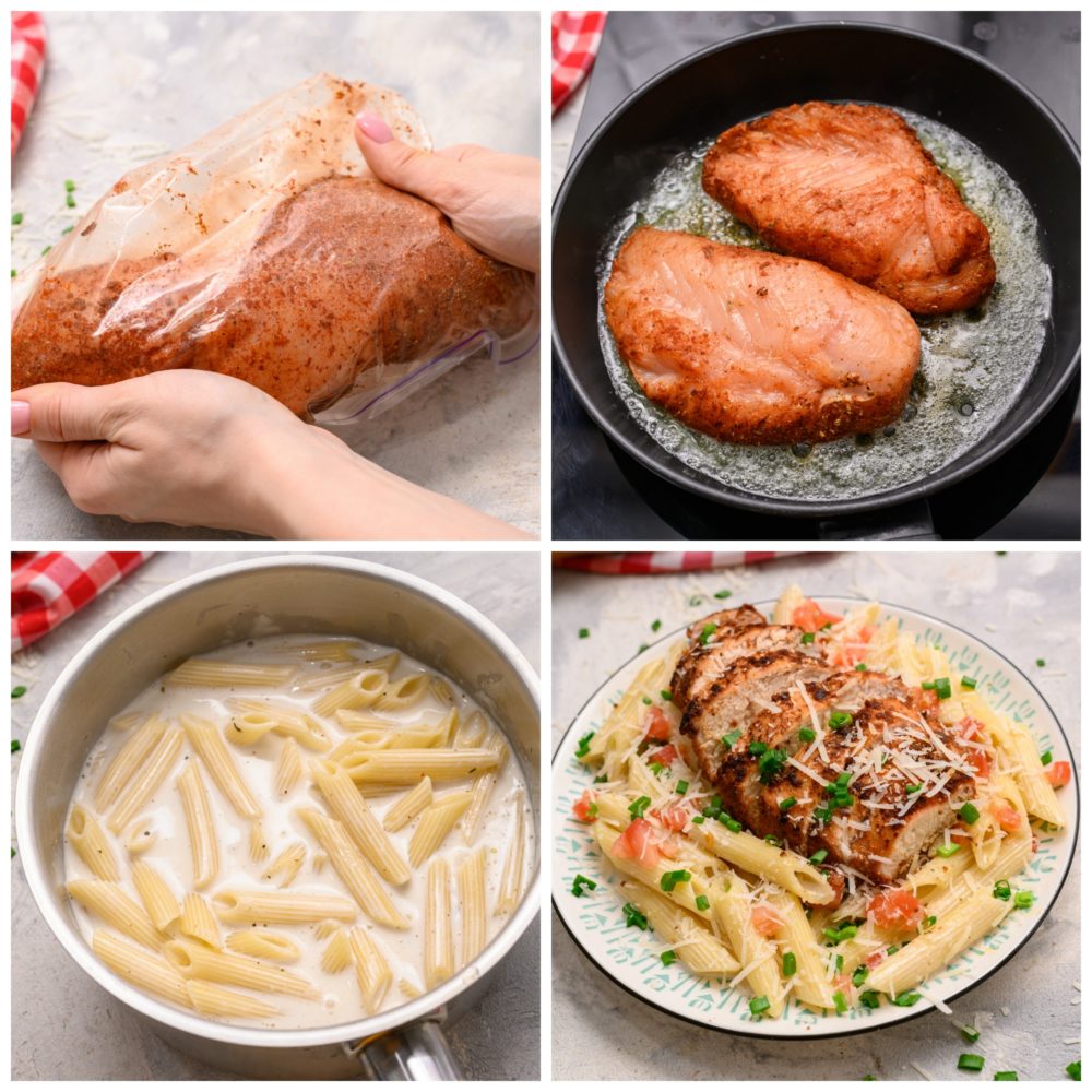 The process of cajun chicken pasta in four photos. The first photo is the chicken in a ziplock bag with seasoning then cooked the chicken in the skillet. Next photo is cooking the pasta and then plating the pasta and chicken together.