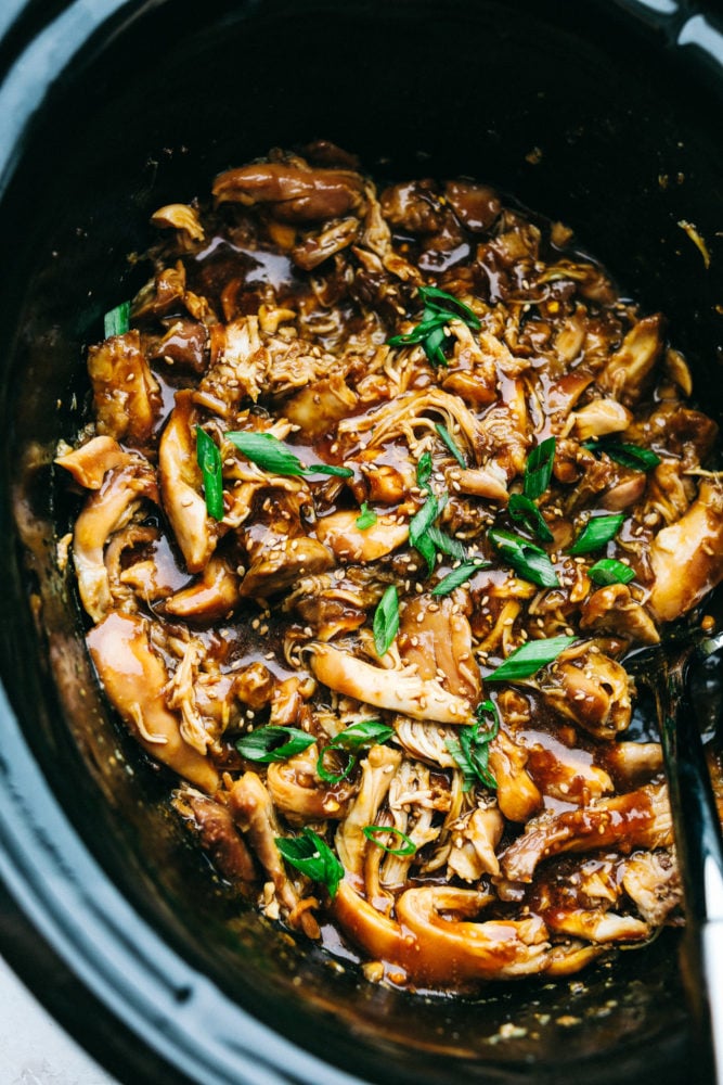 Slow Cooker Teriyaki Chicken in sauce in Crockpot.