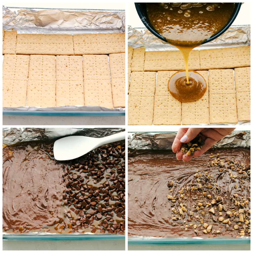 The process of making Graham Cracker Toffee.