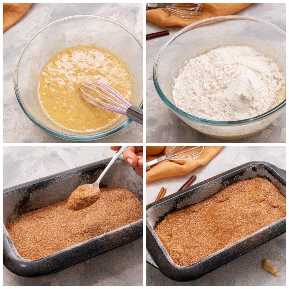 The process of making cinnamon swirl banana bread. 