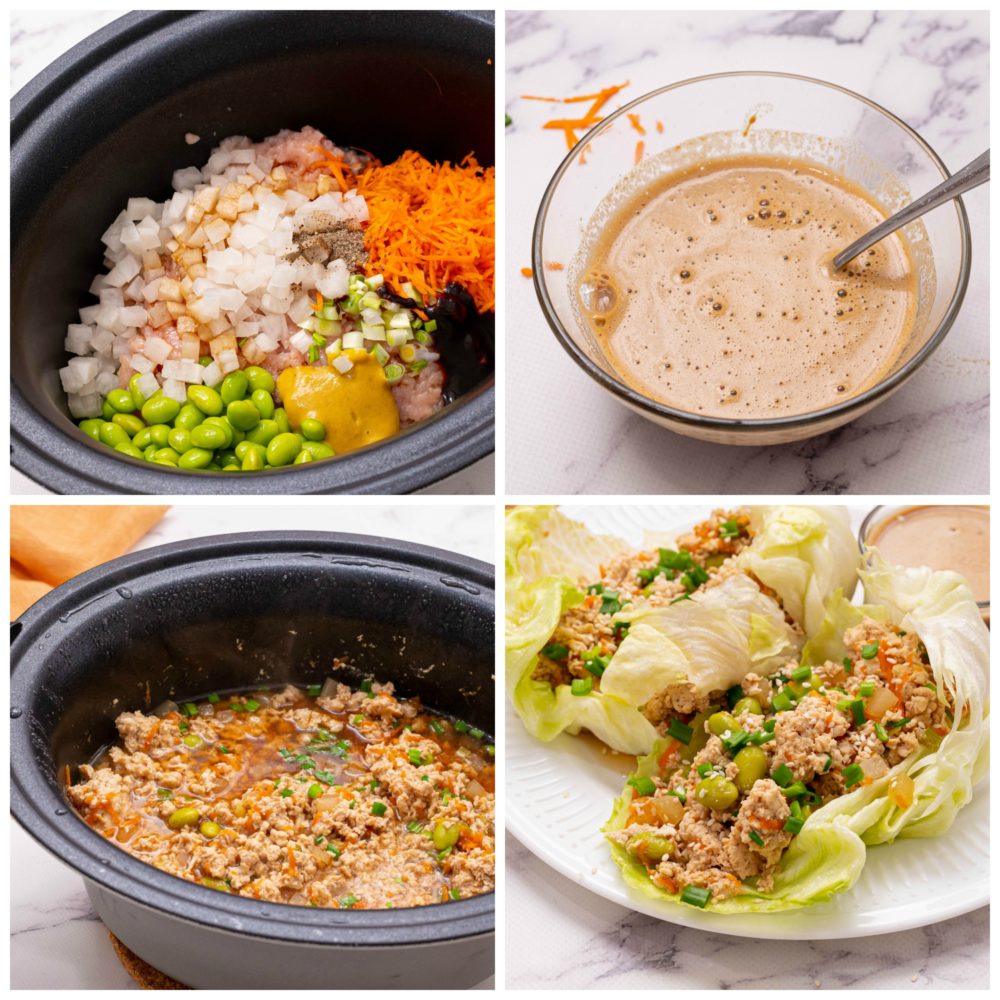 The four steps of making the slow cooker asian lettuce wraps are shown in the picture. First, a black bowl with all the ingredients is shown, then a clear bowl of the sauce with a spoon in it. Then the black pot with all the ingredients mixed together with the sauce. Finally, a picture of two lettuce wraps on a white plate beside a clear bowl of sauce. Then 