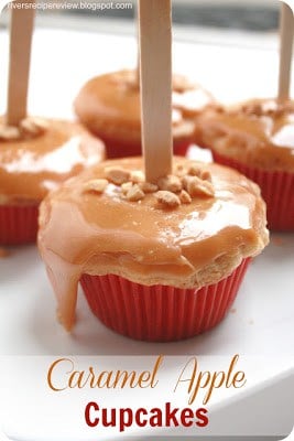 Caramel Apple Cupcakes with a red wrapper.