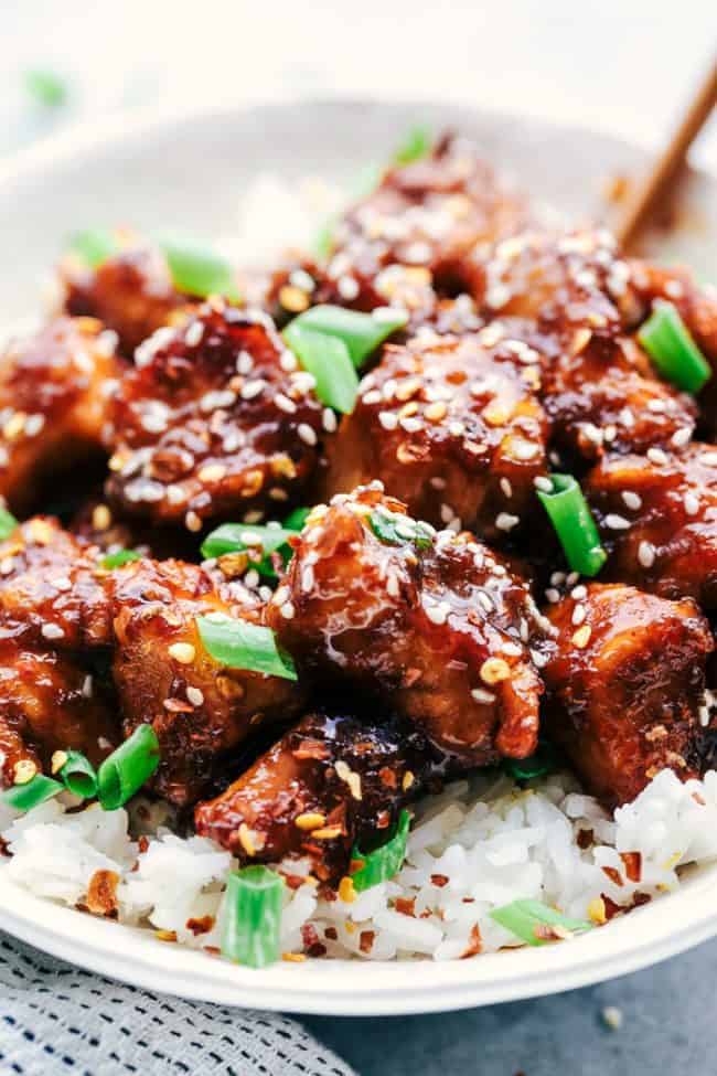 Slow Cooker General Tso's Chicken over white rice. 