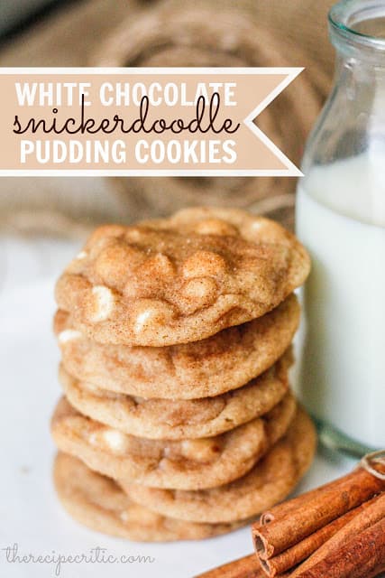 White chocolate snickerdoodle pudding cookies with milk and cinnamon