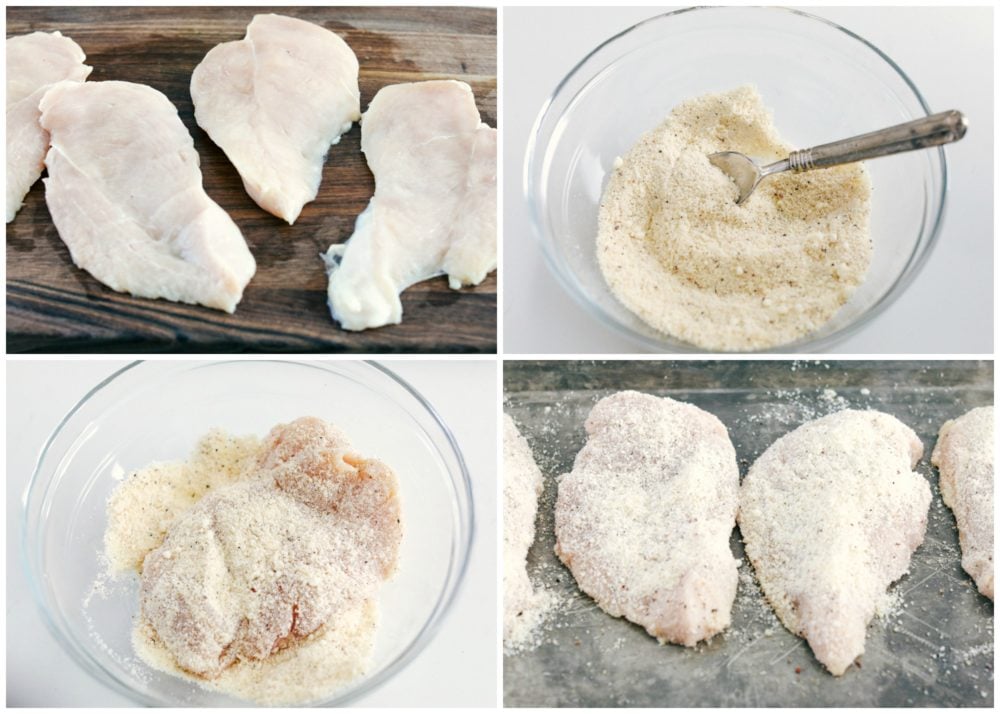 The process of making Parmesan Garlic Chicken by adding the seasoning on the chicken then placing on sheet pan. 