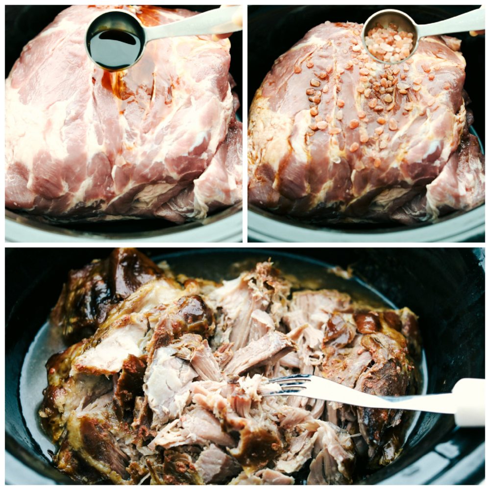 Making Slow Cooker Kalua Pulled pork by rubbing salt and liquid smoke into meat.