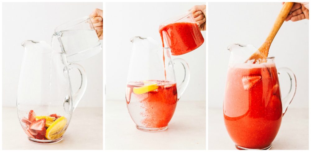 Three photos of pitchers, the first on the left has a pitchers with sliced lemons and strawberries and pouring cold water over them. The second photo in the middle is the pitcher with water having the puree being poured over top and the third photo on the right has a wooden spoon stirring the pitcher mixture together.