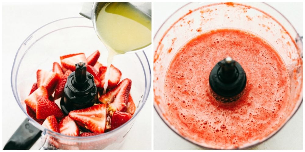 Fresh strawberries sliced into a blender adding in lemon juice and another photo next to it with it blended together. 