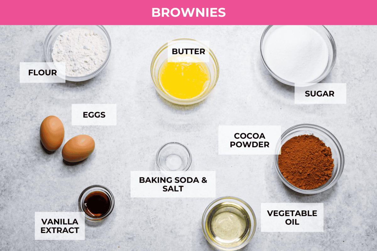 Brownie Ingredients labeled to make peanut butter brownies.