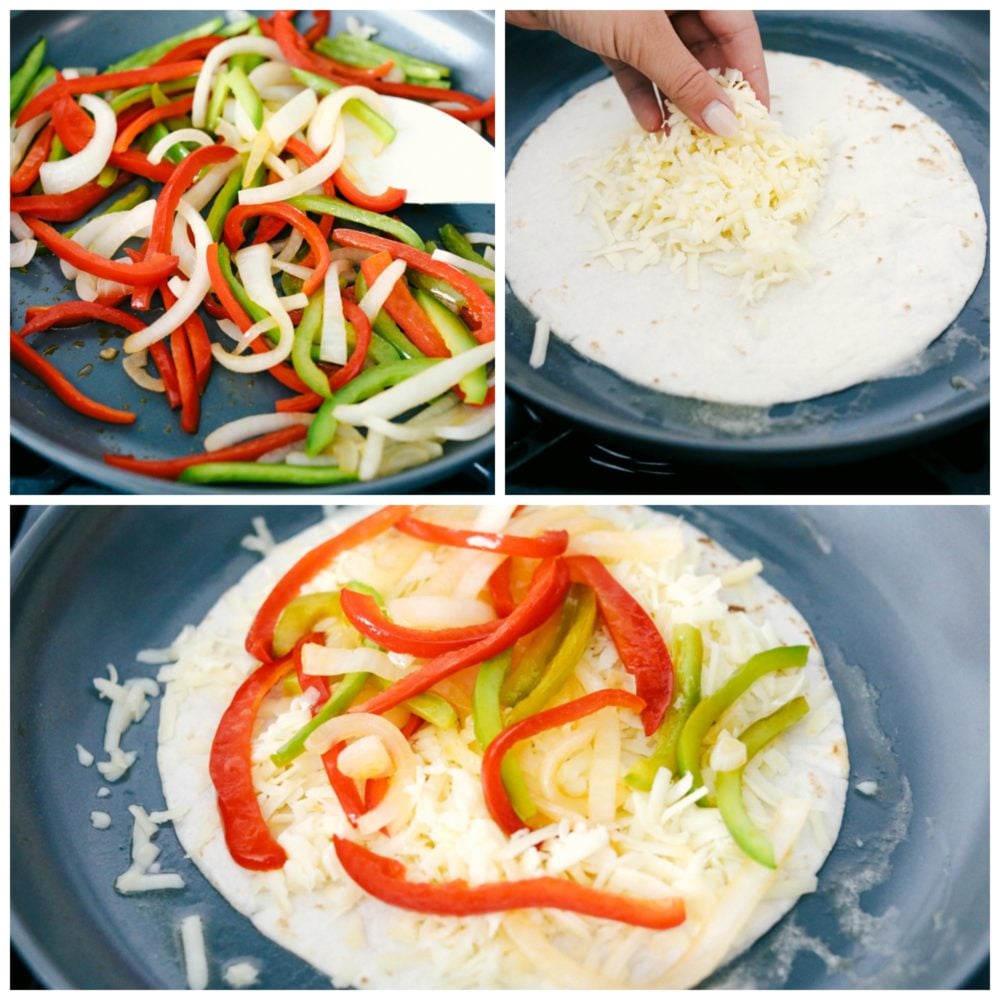 Sauteing vegetables and assembling tortillas and cheese for fajita style quesadillas. 