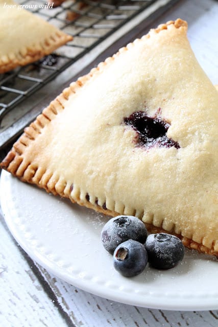 Blueberries and Cream Hand Pies on a white plate by LoveGrowsWild.com for The Recipe Critic
