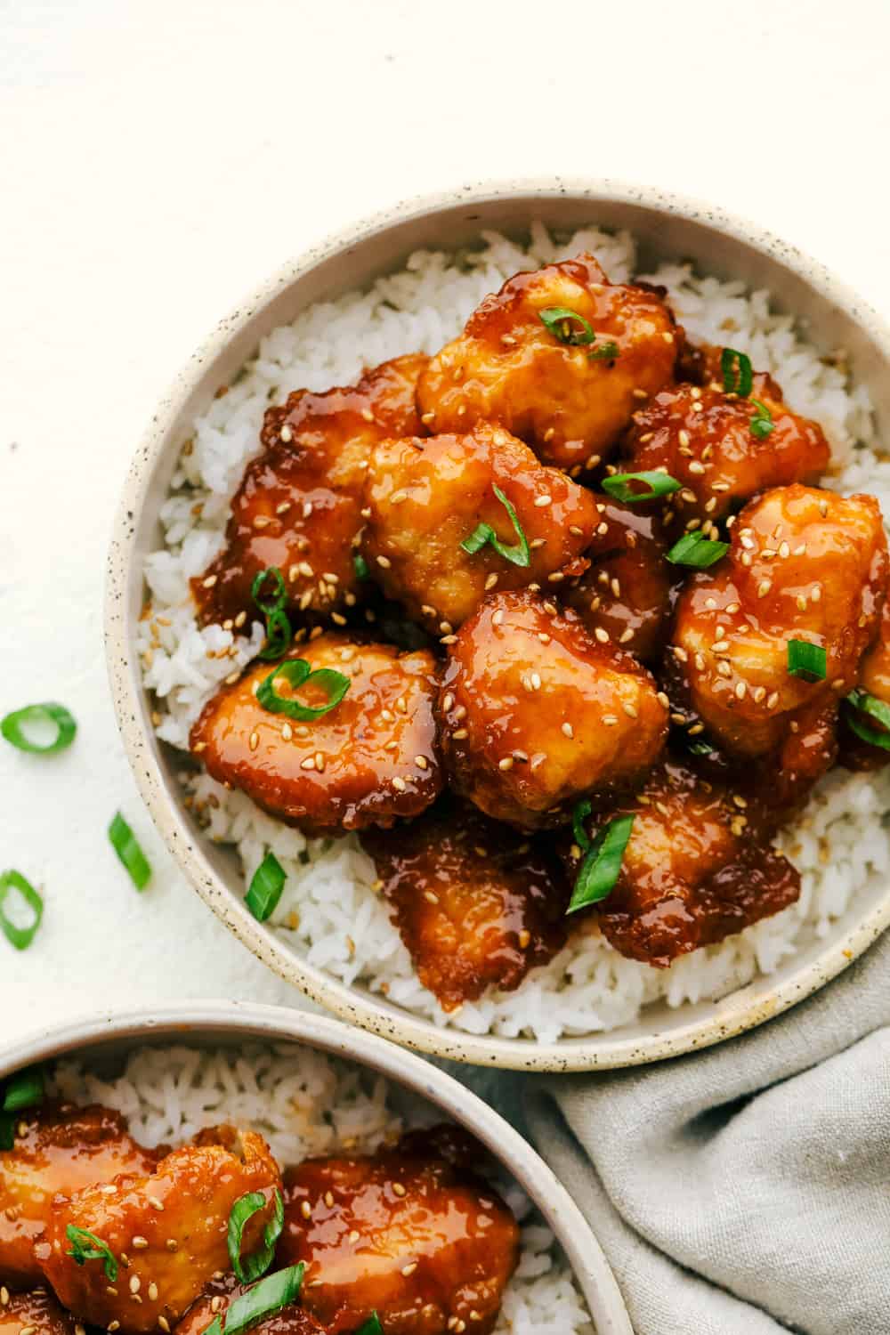 Closeup of crispy, juicy, tender Baked Sweet and Sour Chicken. 