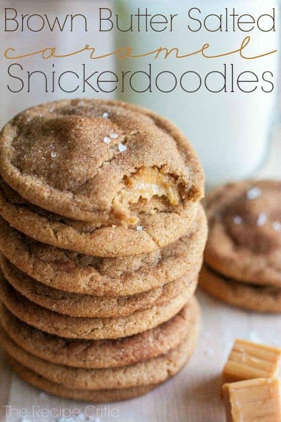 Brown butter salted caramel snickerdoodles in a tall stack.