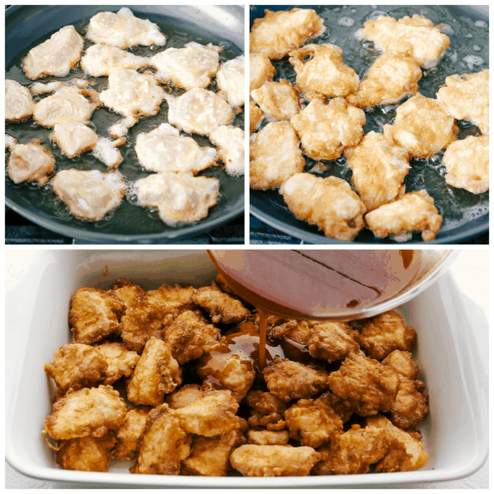 Frying the coating on Baked Sweet and Sour Chicken.