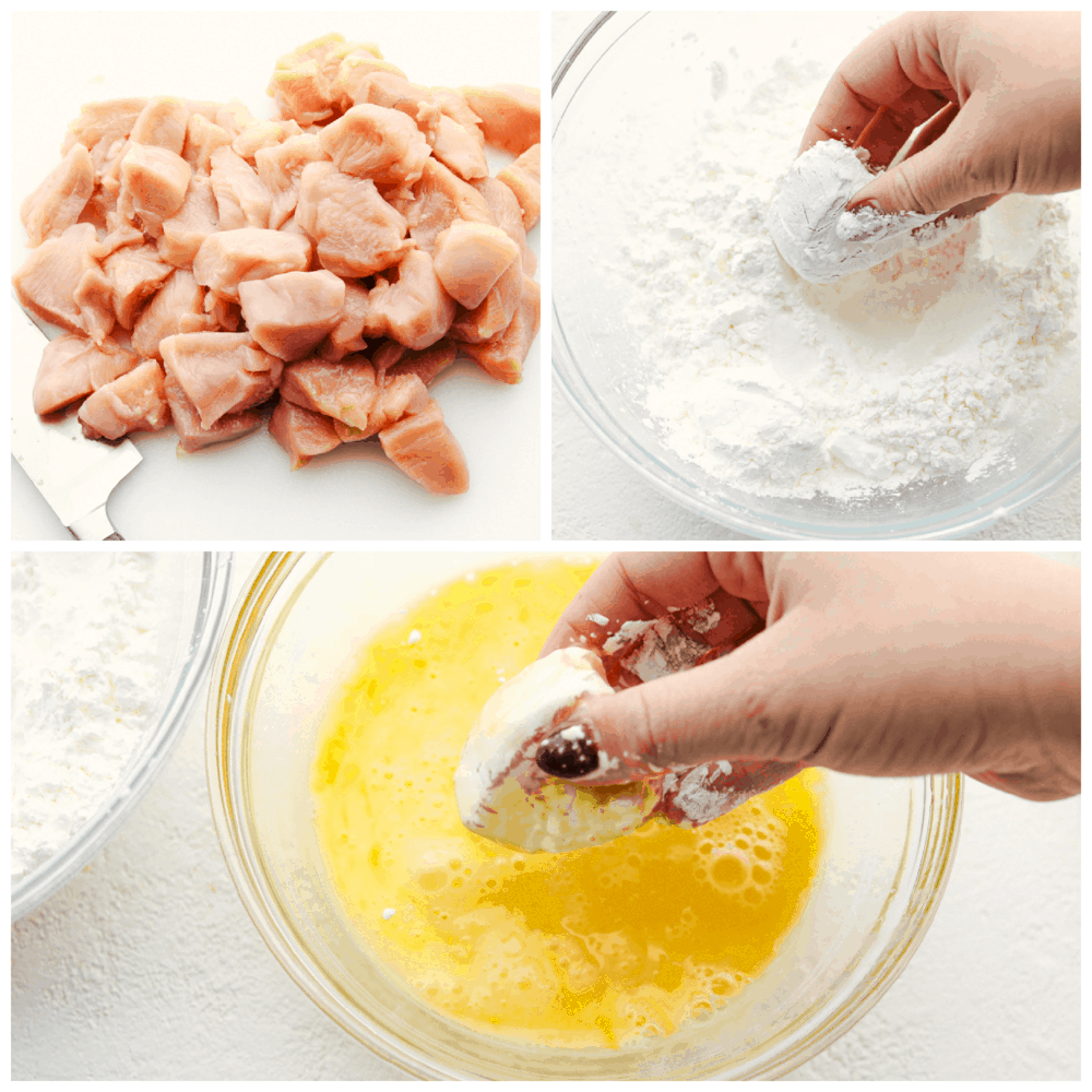 Coating each piece of yellow in a cornstarch breading.