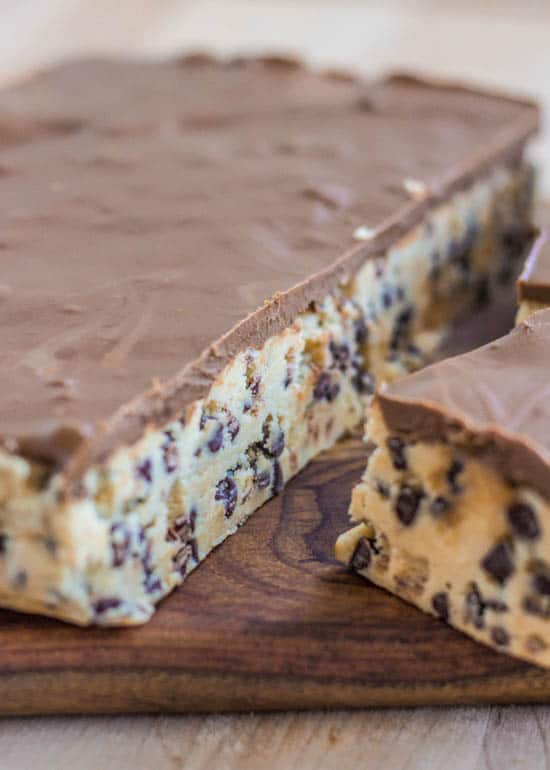 No bake cookie dough bars on a wooden table.
