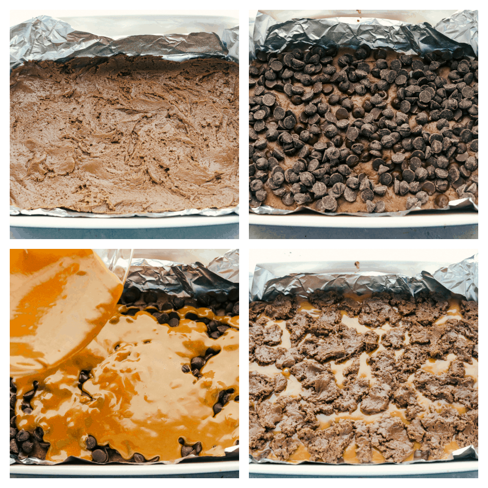 A 9x13 pan with the cake mix, chocolate chips, carmels and then baked. 
