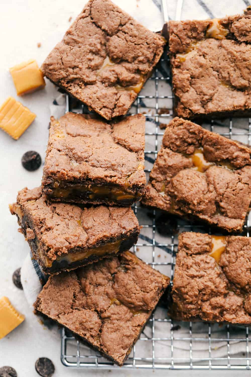 Cooling caramel brownies on a cooling rack.