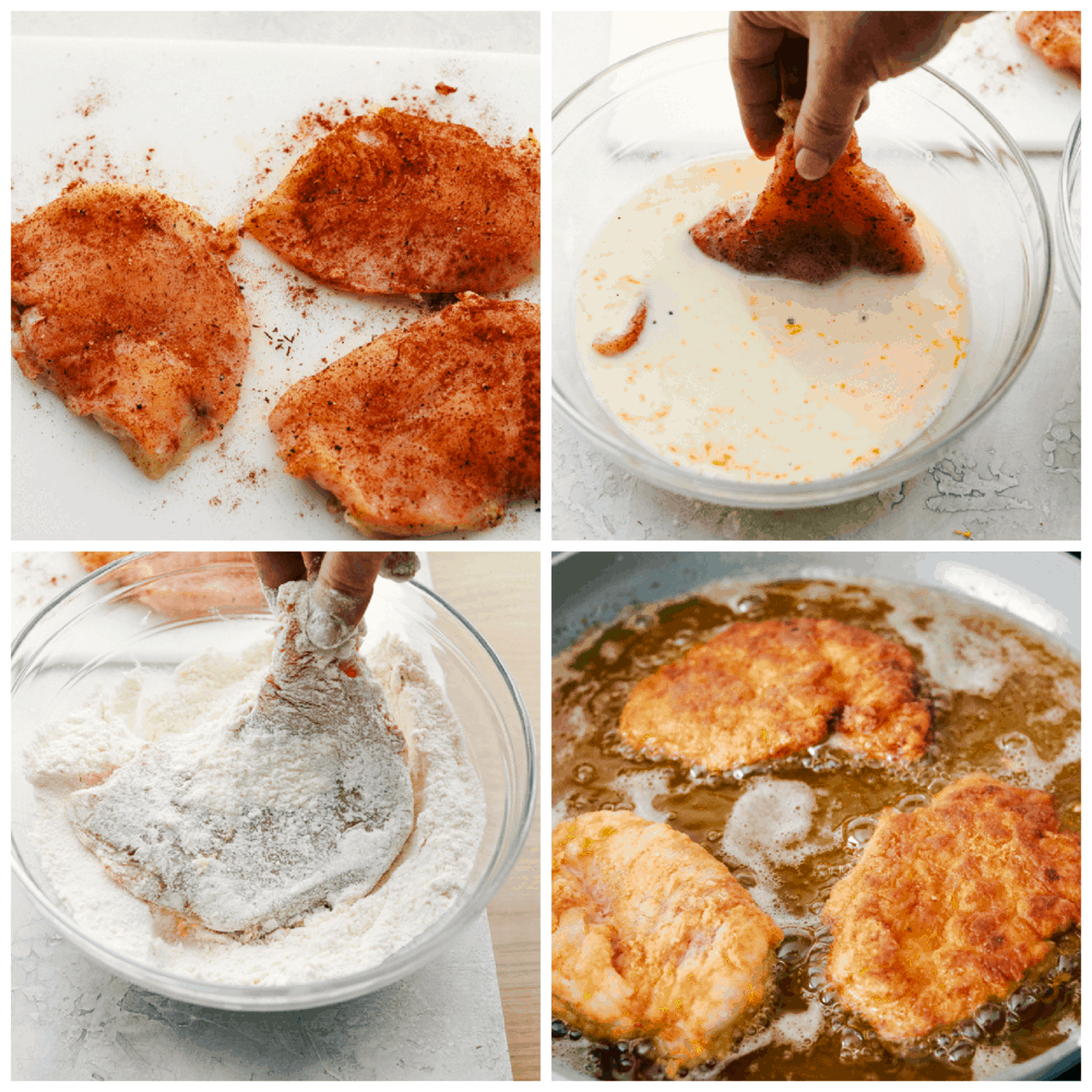 Seasoning, breading and frying chicken for sandwiches. 