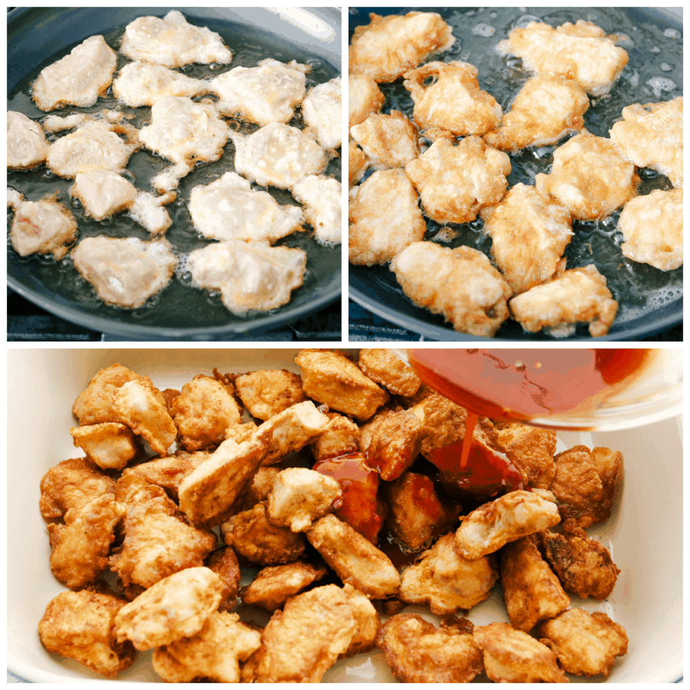 3 pictures showing how to cook the chicken and add the sauce. 