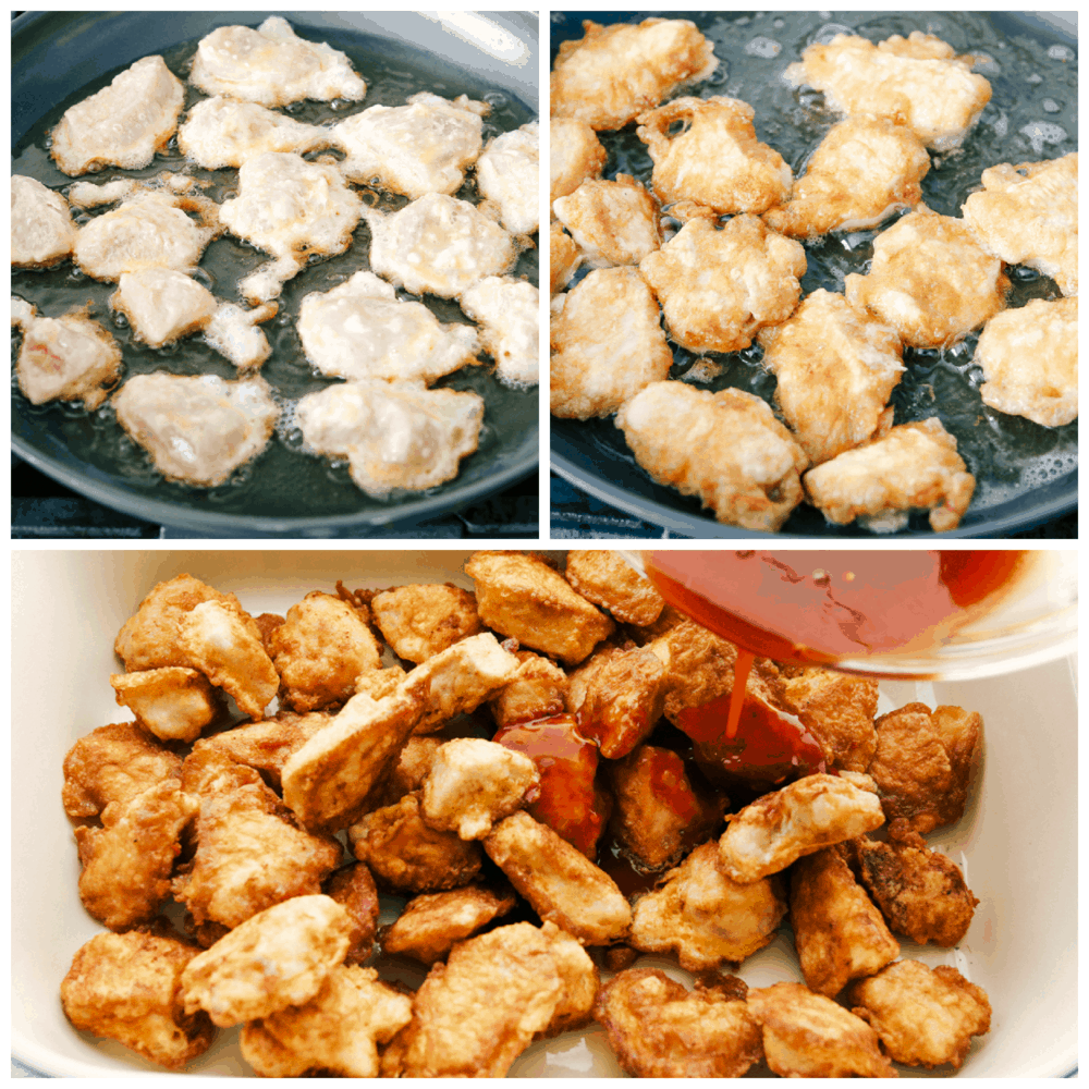 Flash frying and pouring sauce over Firecracker Chicken.