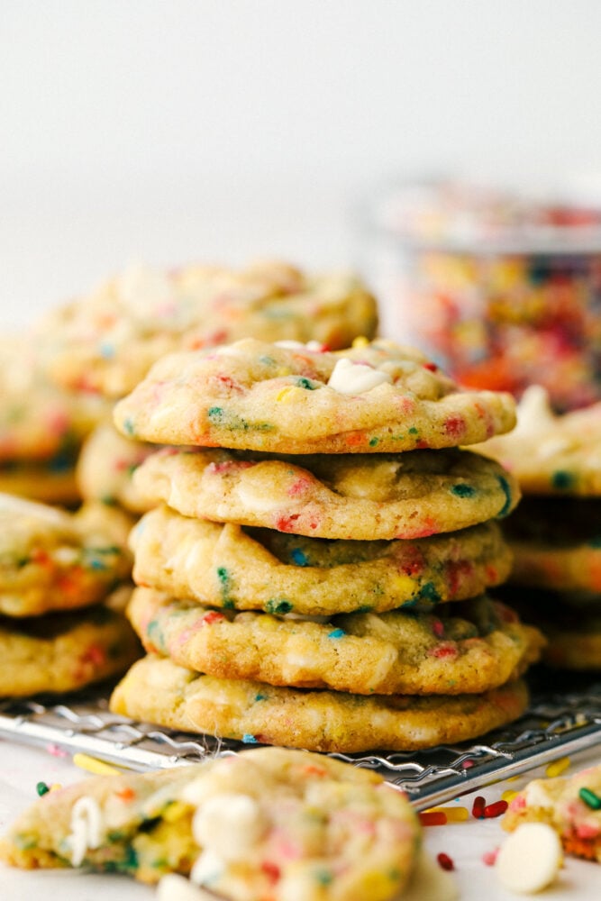 Stacks of Cookies on a cooling rack. 