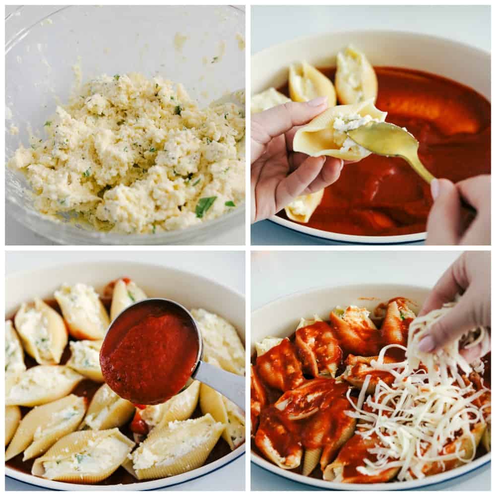 The process of mixing the cheese in a bowl then stuffing the pasta shells and adding spaghetti sauce over top with cheese sprinkled. 