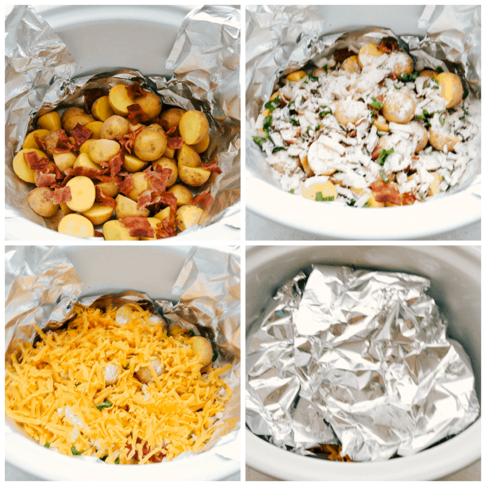 Photos of the process of making slow cooker cheesy bacon ranch potatoes. 