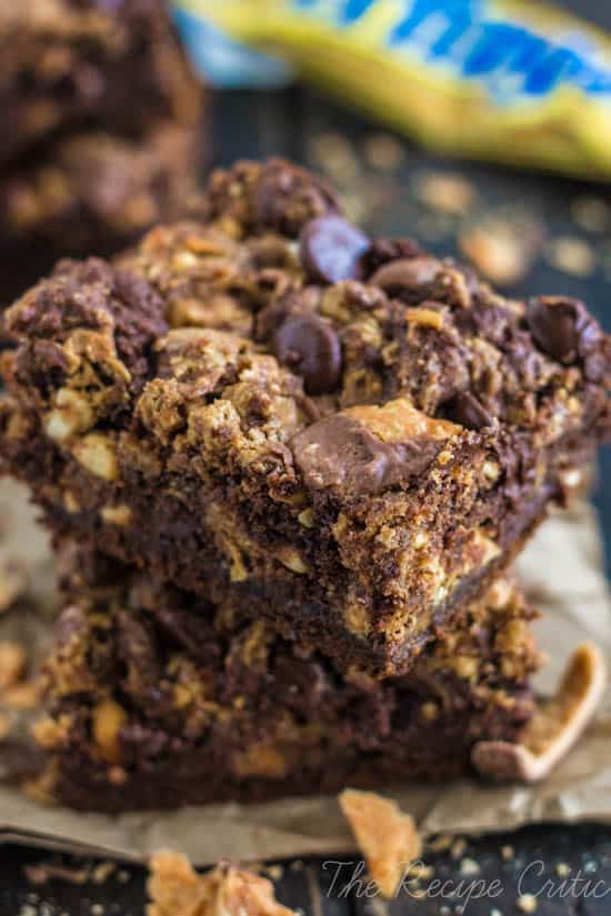 Butterfinger brownies in a stack