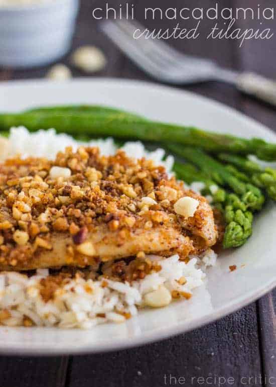 Crusted tilapia with rice and asparagus on a white plate.