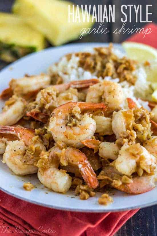 Hawaiian Style garlic shrimp on a white plate.