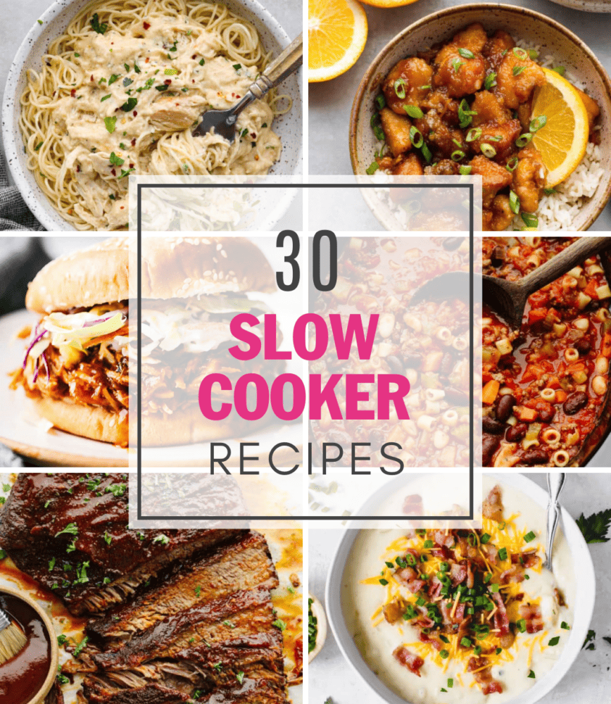 A collage of 6 slow cooker recipes with text in the middle that says "30 slow cooker recipes". 